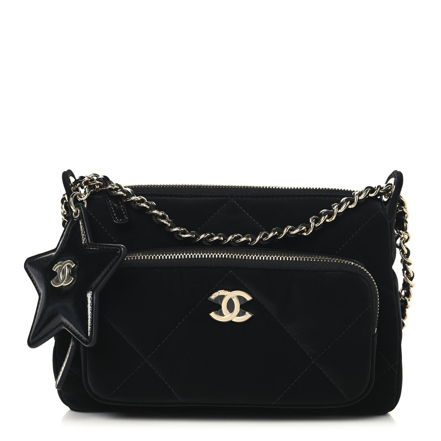 Velvet Effect Nylon Shiny Crumpled Calfskin Quilted Chanel 25 Clutch With Chain Black