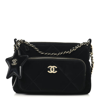 Velvet Effect Nylon Shiny Crumpled Calfskin Quilted Chanel 25 Clutch With Chain Black