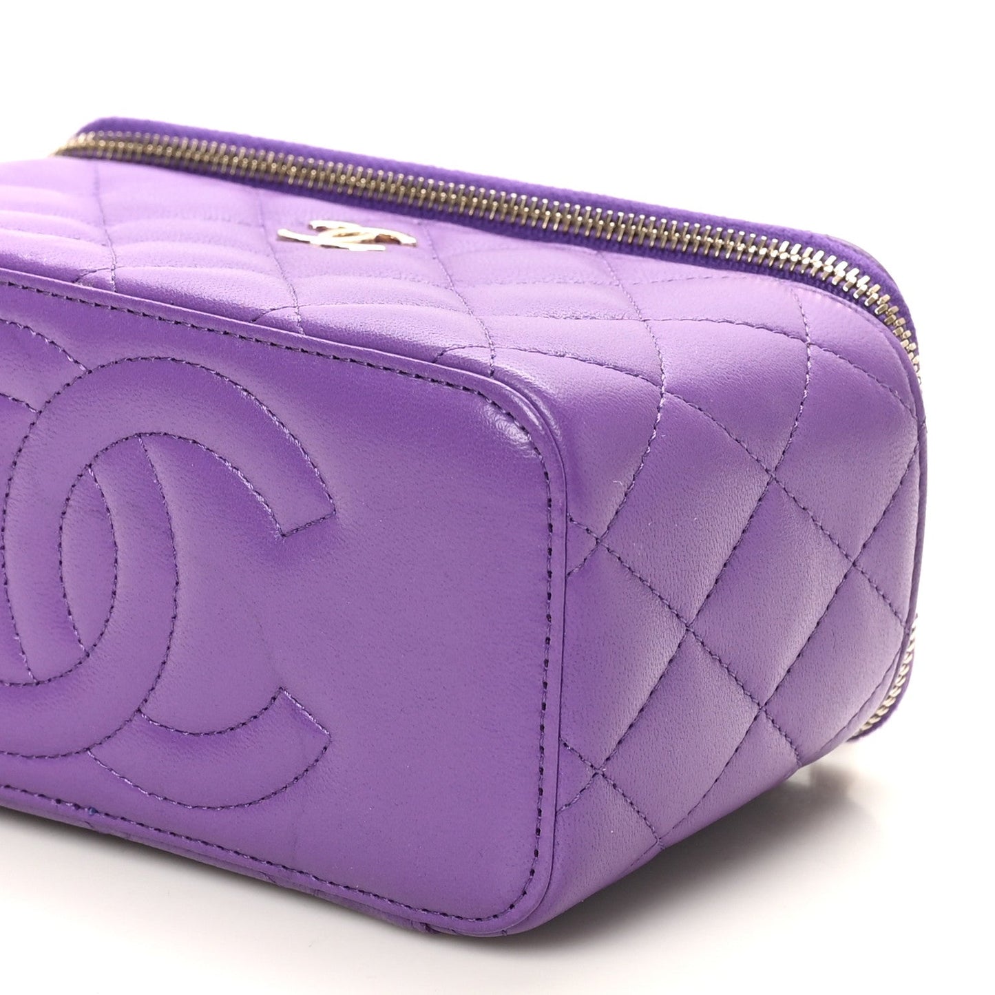 Lambskin Quilted Small Top Handle Vanity Case With Chain Purple