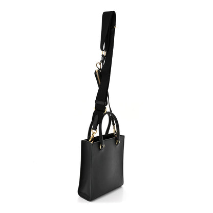 Saffiano Lux Triangle Logo Embossed Small Double Handle Crossbody Tote Black