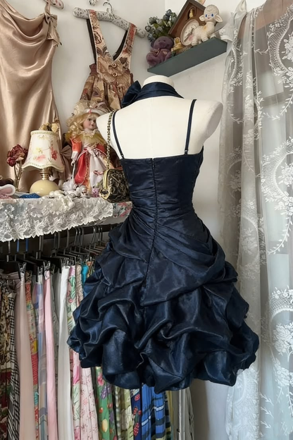 Dark blue halter neck fitted waist slim-fitting ball gown with a full skirt R7584