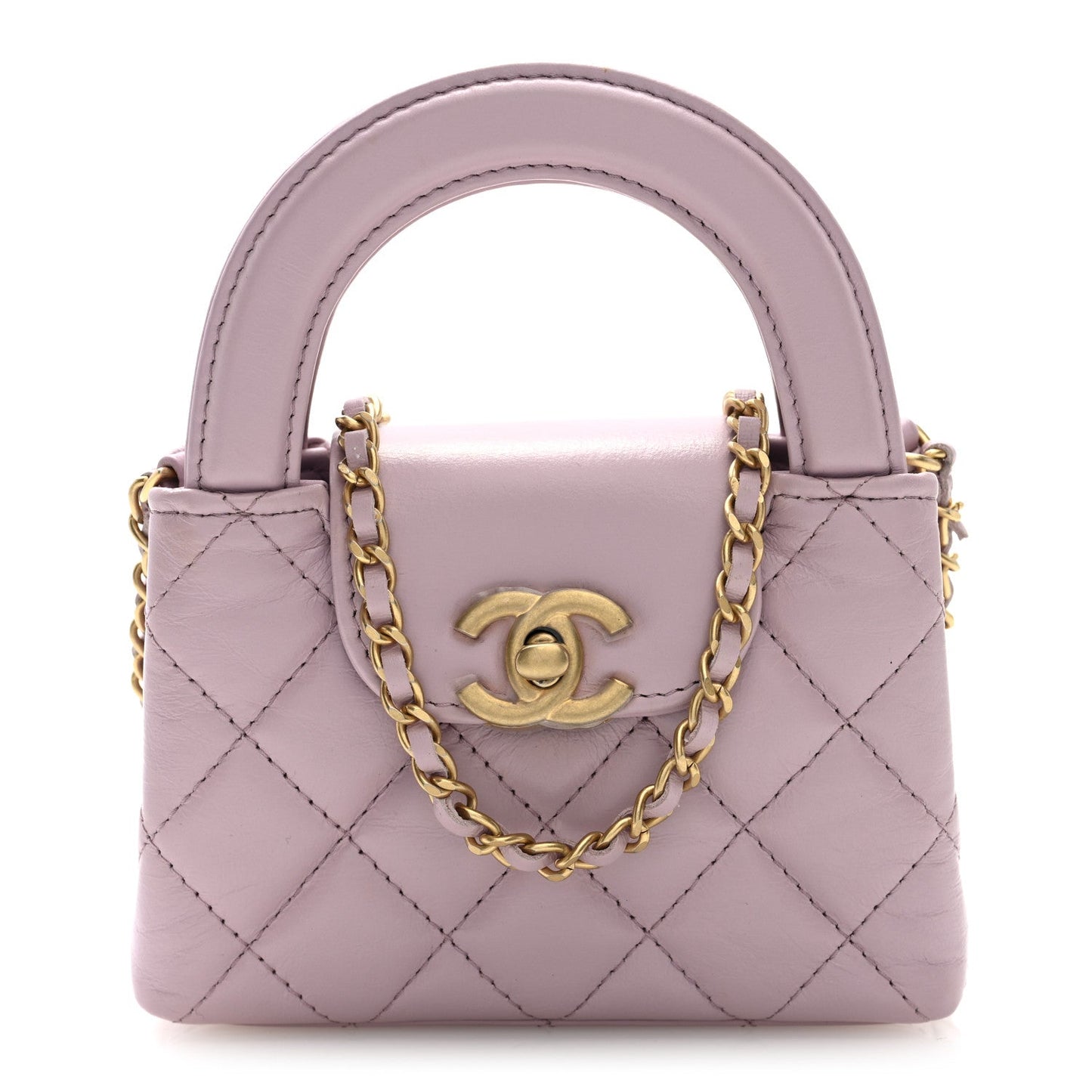 Shiny Aged Calfskin Quilted Mini Nano Kelly Shopper Light Pink