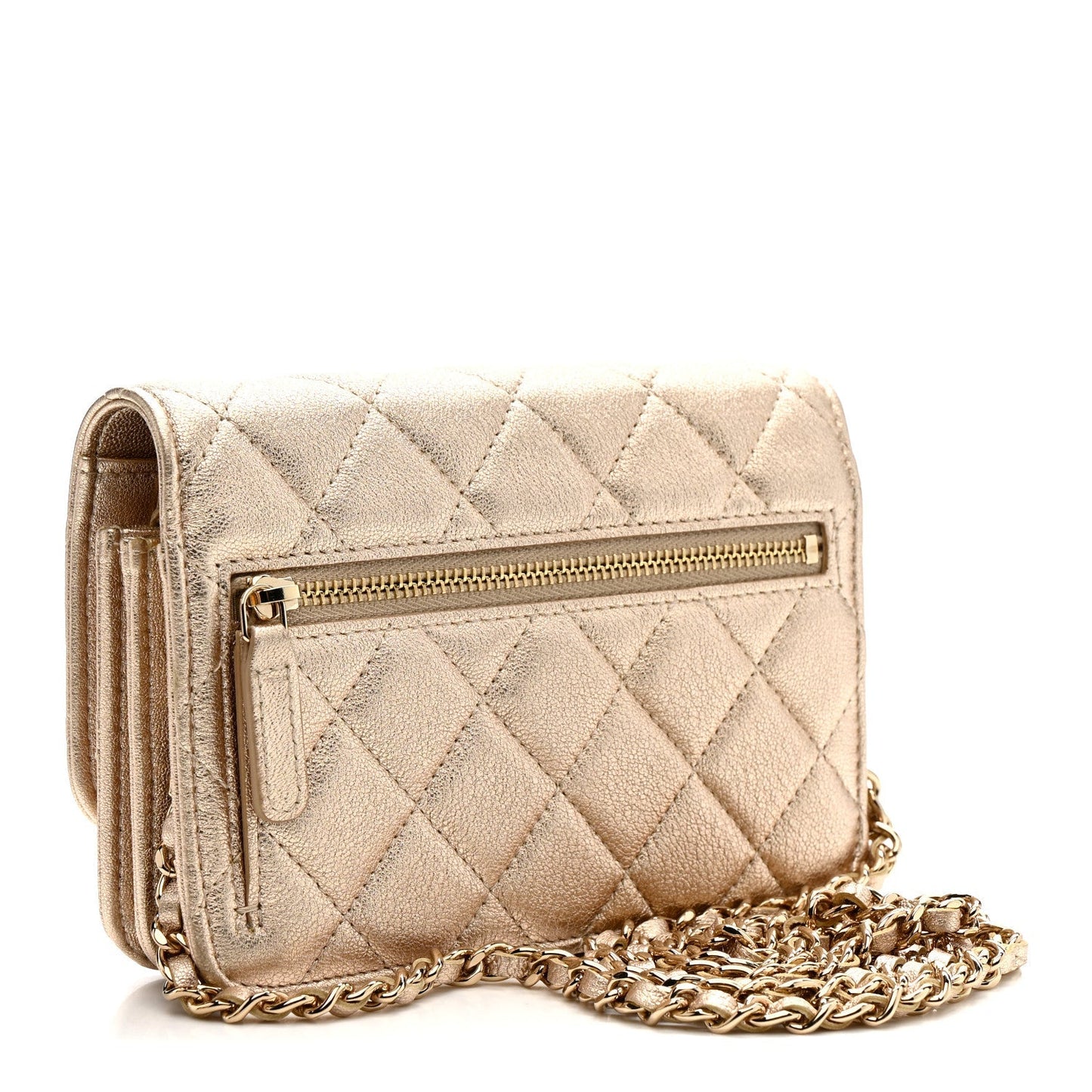 Metallic Lambskin Quilted Mini Wallet On Chain WOC Gold
