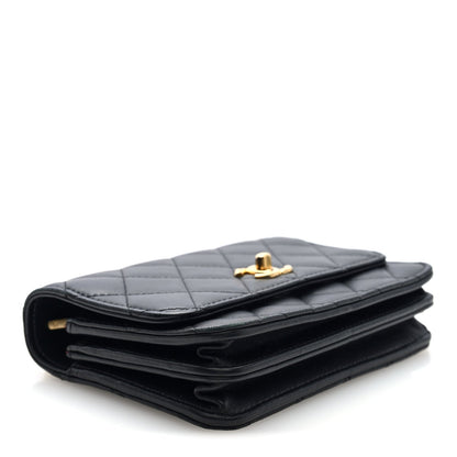 Lambskin Quilted Mini Sweet Camellia Wallet on Chain WOC Black