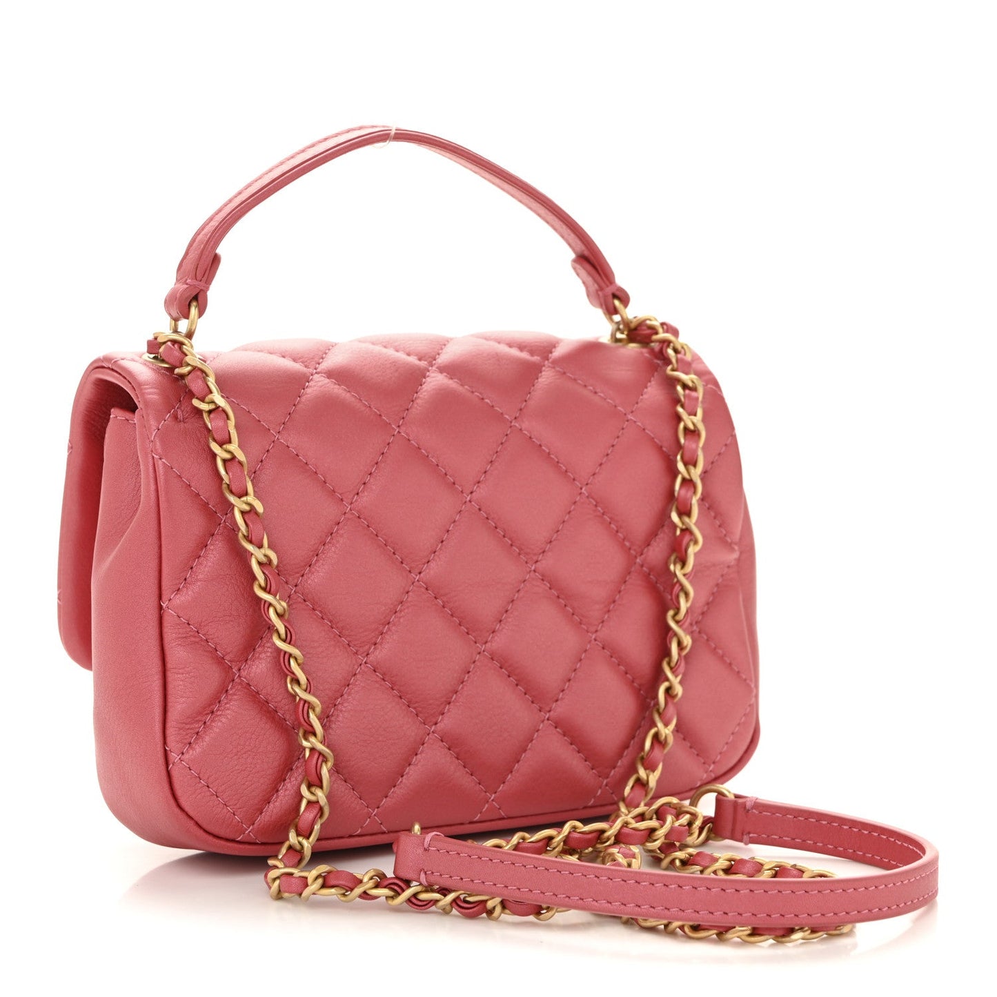 Metallic Calfskin Quilted Top Handle Flap Dark Pink