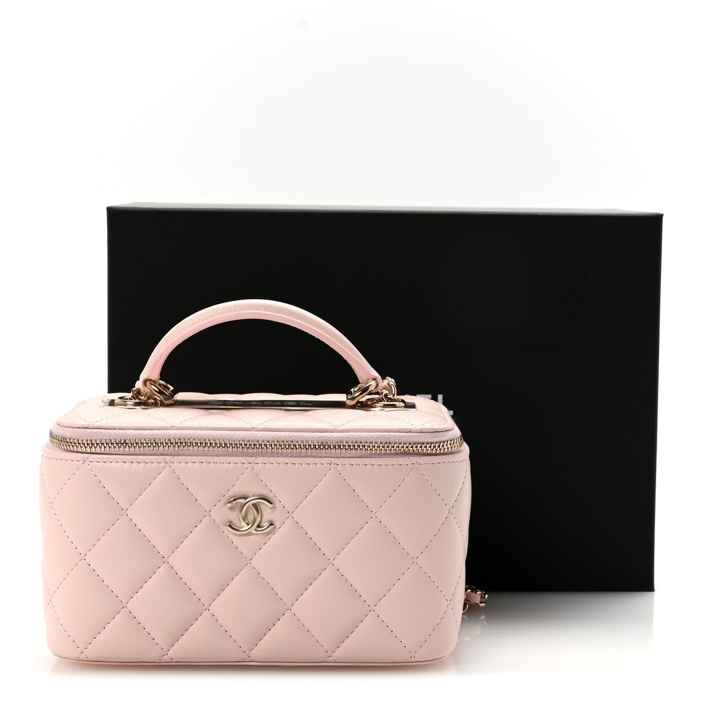 Lambskin Quilted Trendy Small Top Handle Vanity Case With Chain Light Pink