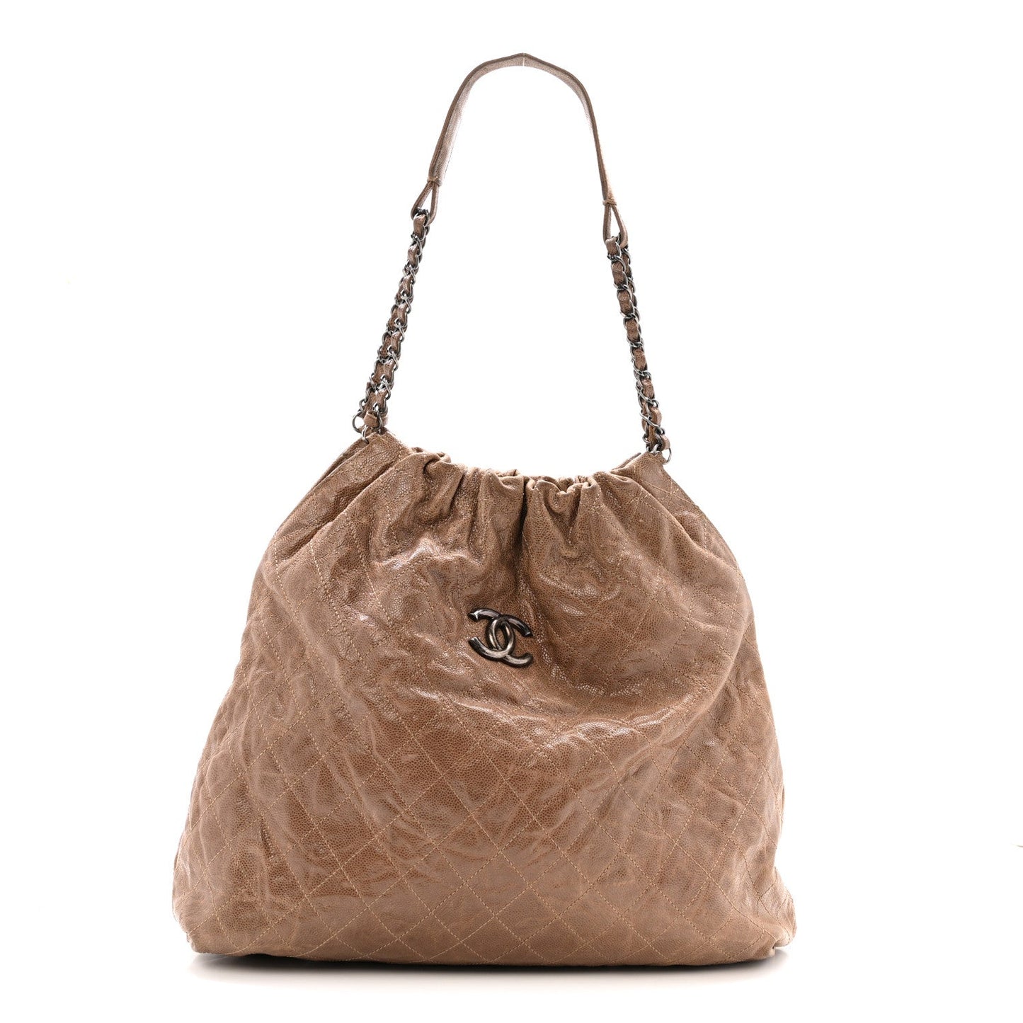 Distressed Glazed Caviar Quilted Large Elastic Tote Brown