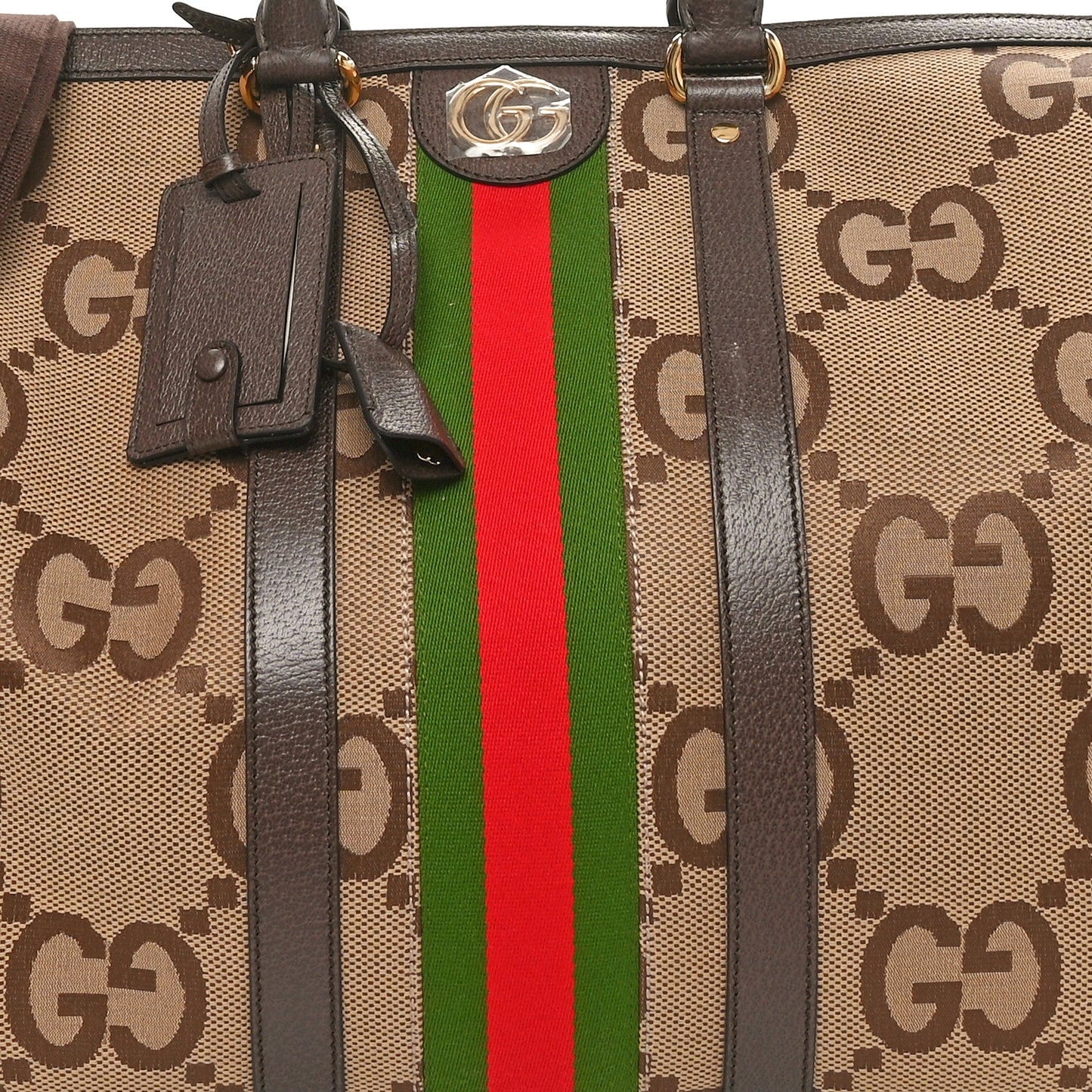 Monogram Jumbo GG Textured Dollar Calfskin Web Large Duffle Bag Camel Ebony