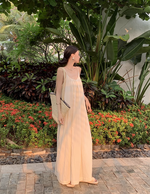 Beach vacation dress travel wear loose backless long suspender dress R0197