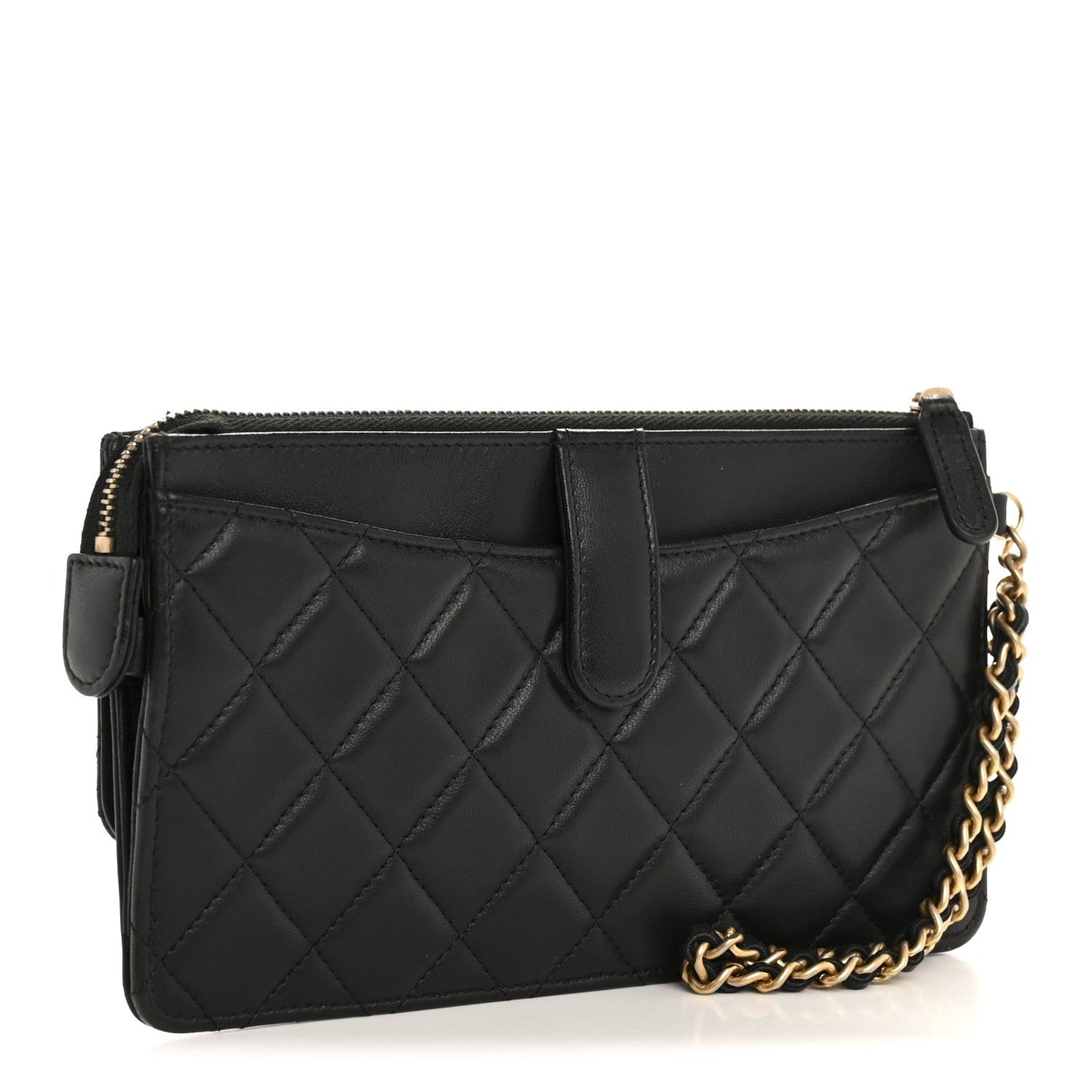 Lambskin Quilted Classic Pouch With Handle Black