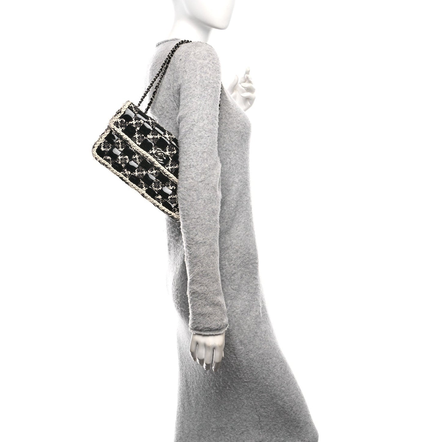 Tweed Patent Quilted Rectangular Flap Black White