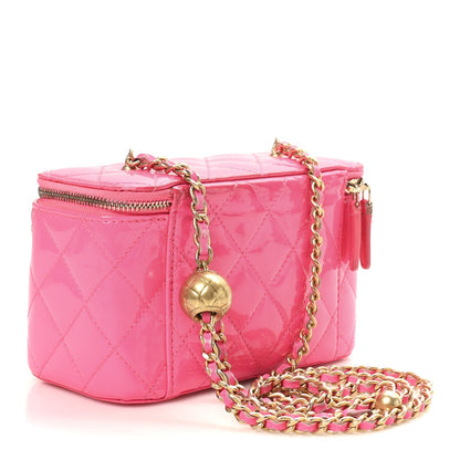 Patent Quilted Pearl Crush Small Vanity Case With Chain Neon Pink