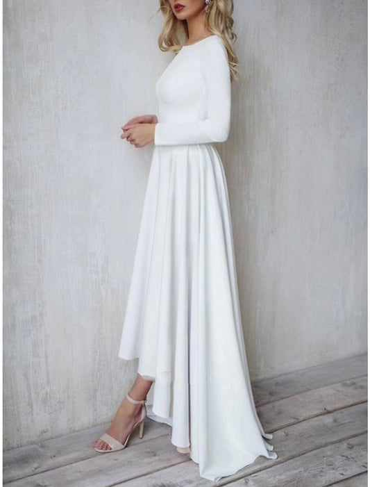 A-Line Evening Gown Open Back Dress Formal Wedding Guest Asymmetrical Long Sleeve Jewel Neck Fabric with Buttons Pleats 2026