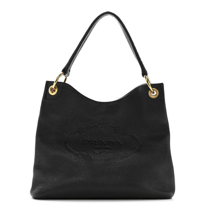 Vitello Phenix Embossed Logo Hobo Black