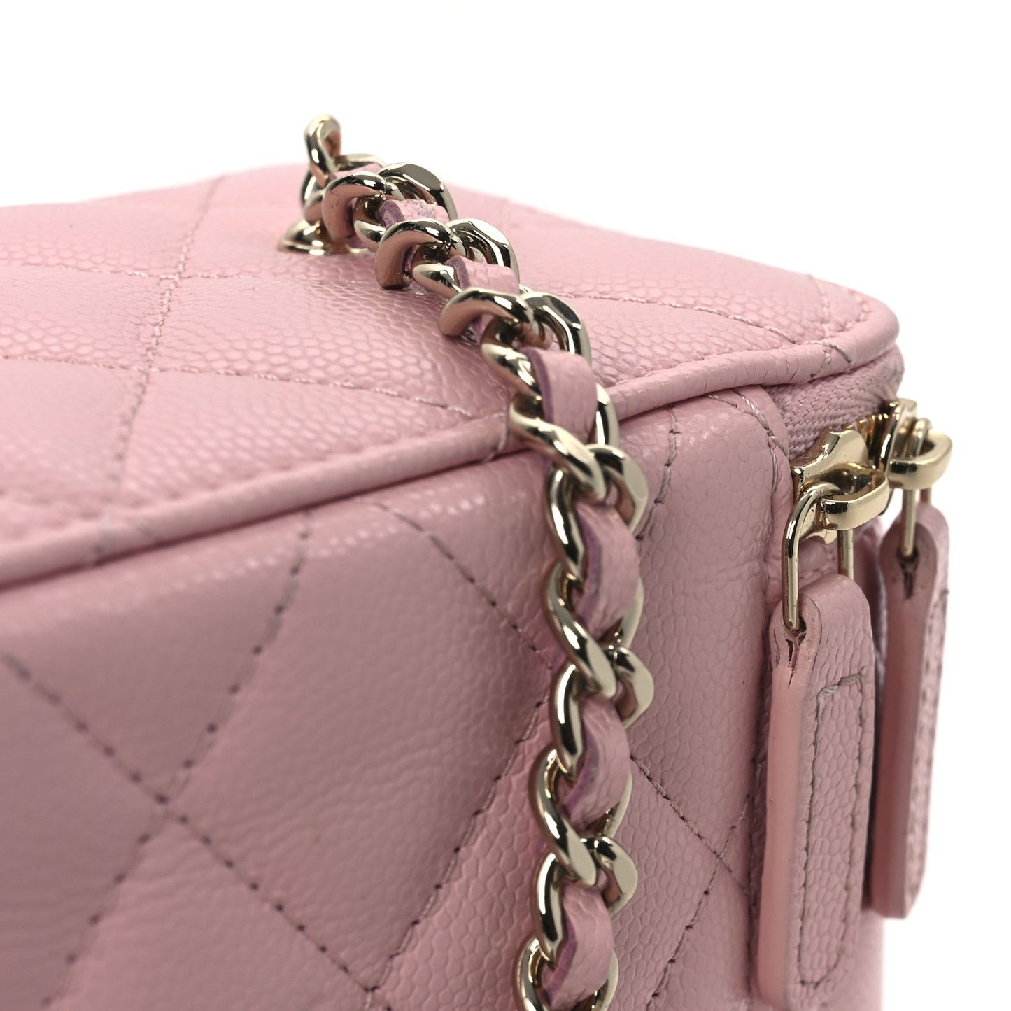 Caviar Quilted Crystal CC Logo Vanity Case With Chain Pink
