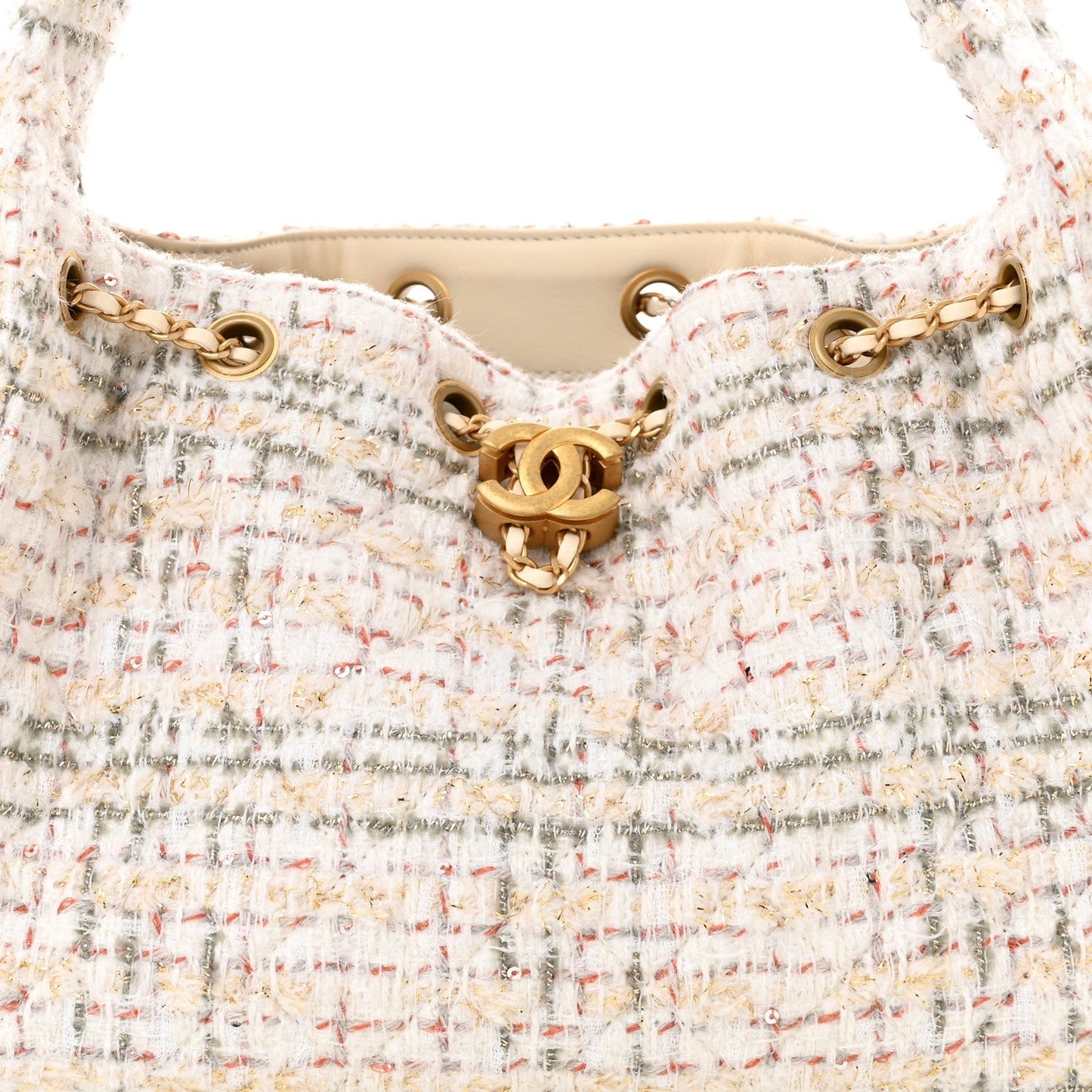 Tweed Quilted Small Chanel 25 Handbag Ecru Khaki Gold Red