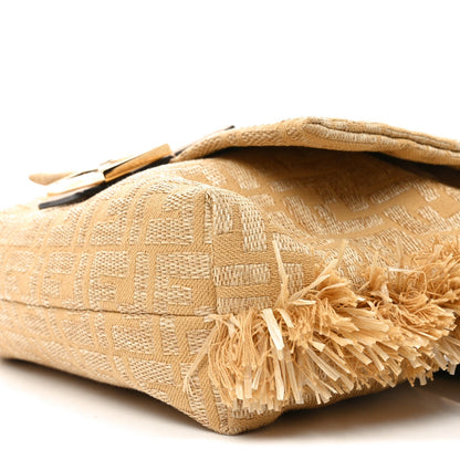 Fabric Jacquard Raffia Straw Fringe Medium Mamma Baguette Beige