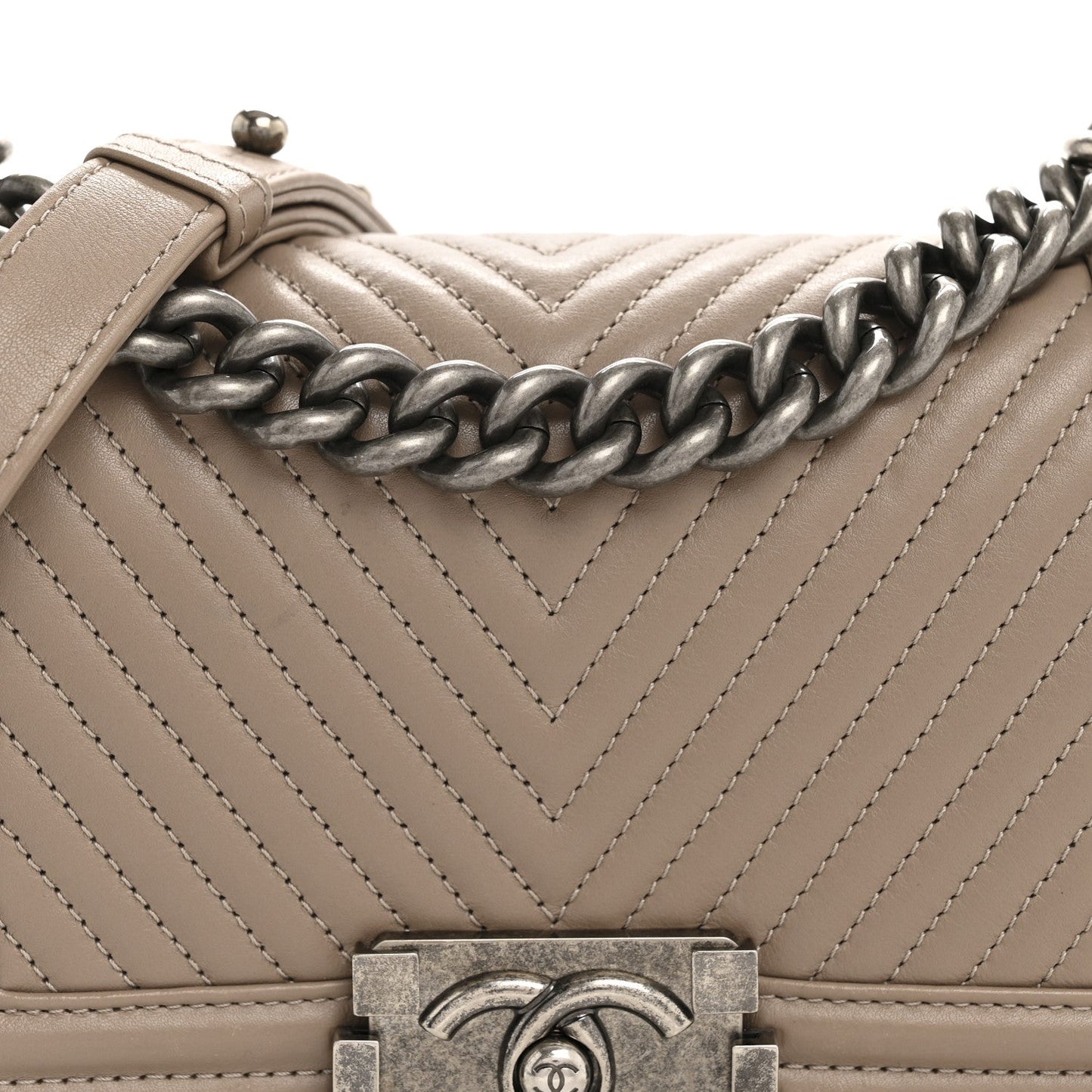 Calfskin Chevron Quilted Small Boy Flap Dark Beige