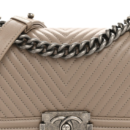 Calfskin Chevron Quilted Small Boy Flap Dark Beige