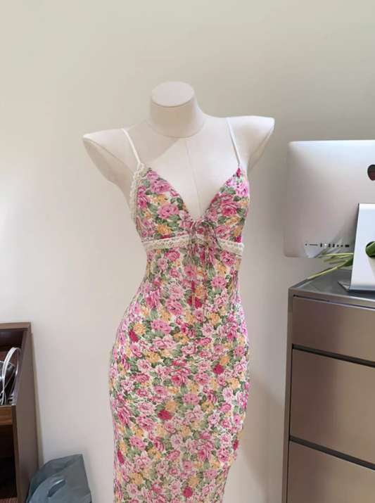 2025 floral suspender dress for women summer waist slimming seaside holiday beach long skirt R0303