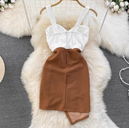Fashionable and sexy tube top suspender skirt contrast color stitching tight irregular hip dress R0348