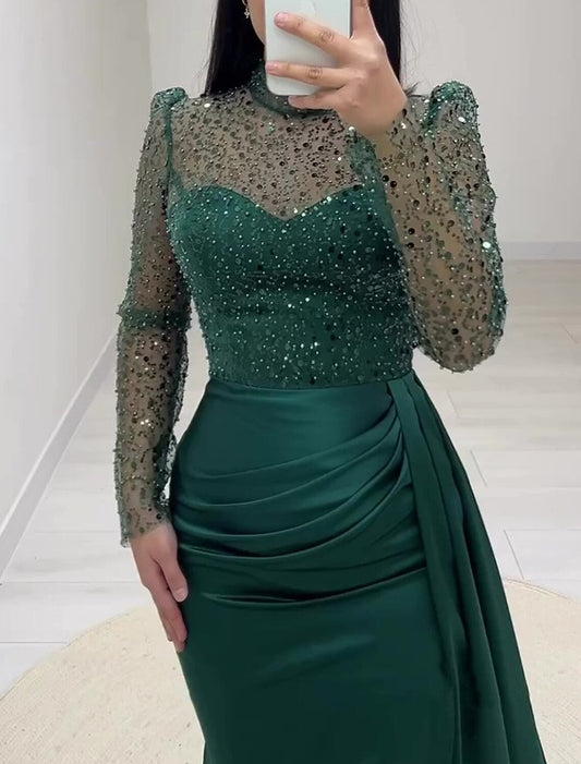 A-Line Evening Gown Christmas High Split Dress Formal Sweep / Brush Train Long Sleeve High Neck Satin with Glitter Ruched Slit