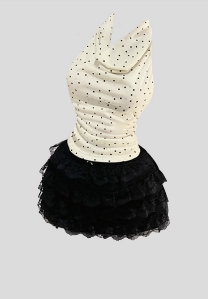 2025 Pure Lace Skirt Set with Polka Dot Swing Neck and Halter Backless Top R1129