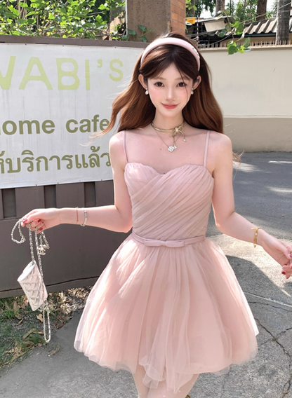 Pink waist chiffon suspender dress for women summer French retro temperament slim skirt R4866