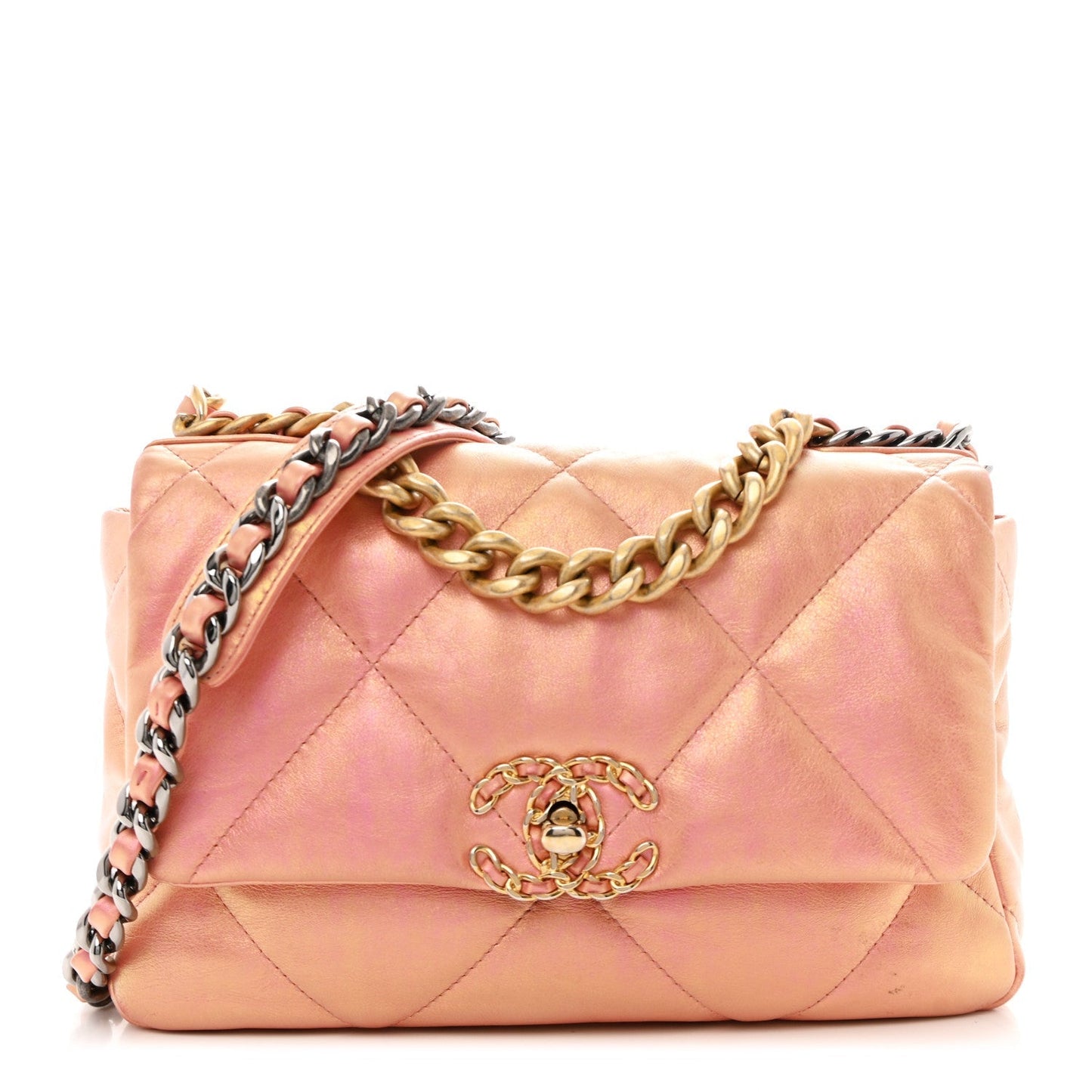 Iridescent Calfskin Quilted Medium Chanel 19 Flap Pink