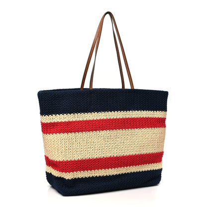 Raffia Crochet Stripe Tote Natural Blue
