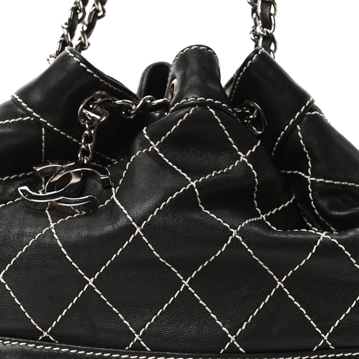 Calfskin Contrast Stitch Surpique Bucket Bag Black