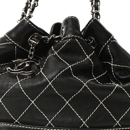 Calfskin Contrast Stitch Surpique Bucket Bag Black