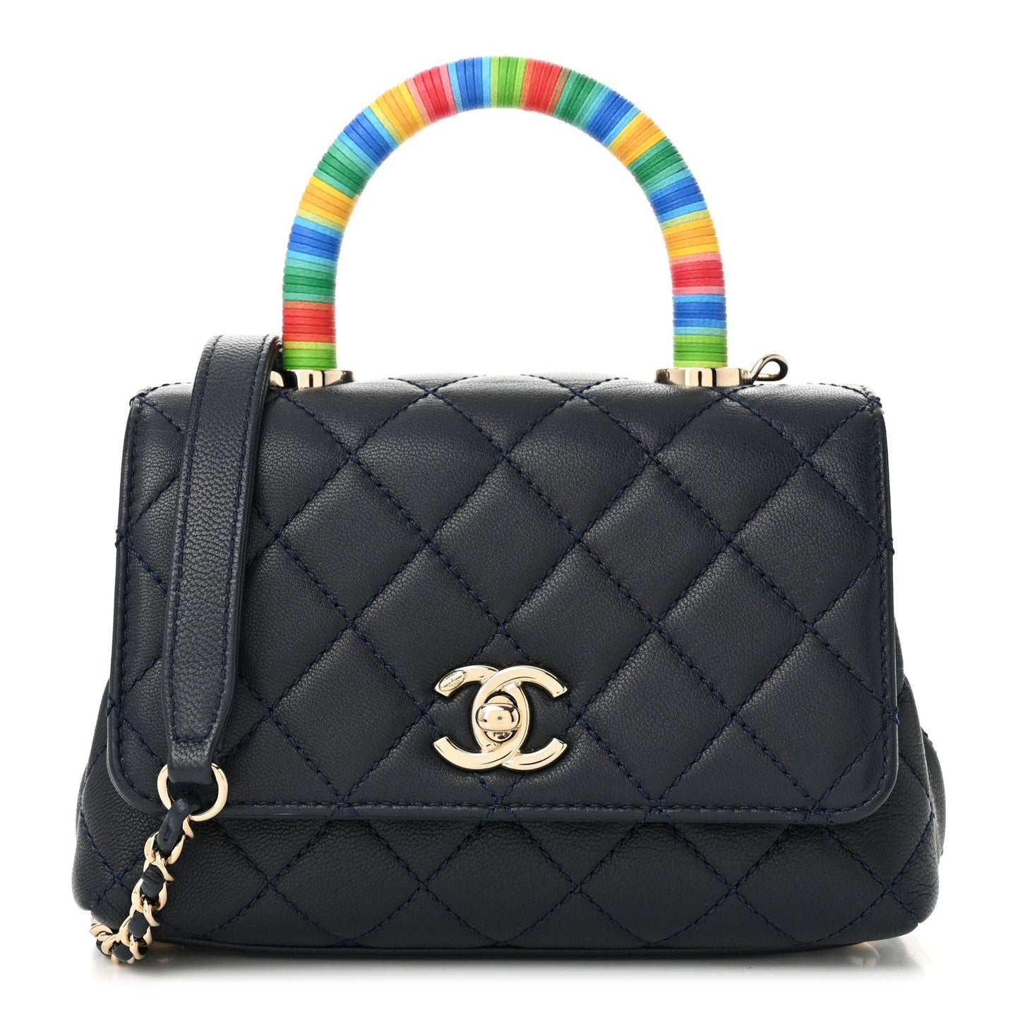Goatskin Quilted Extra Mini Rainbow Coco Handle Flap Navy Blue