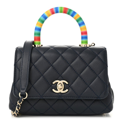 Goatskin Quilted Extra Mini Rainbow Coco Handle Flap Navy Blue