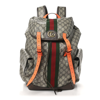 GG Supreme Monogram Medium Ophidia Double Buckle Backpack Beige Ebony Neon Orange