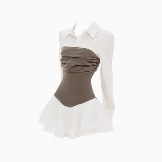 High-grade stitching contrast color long-sleeved shirt dress 2025 waist A-line short skirt R1015
