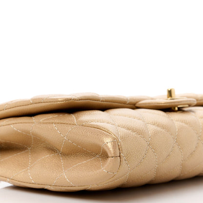 Metallic Caviar Quilted Clutch With Chain Flap Gold