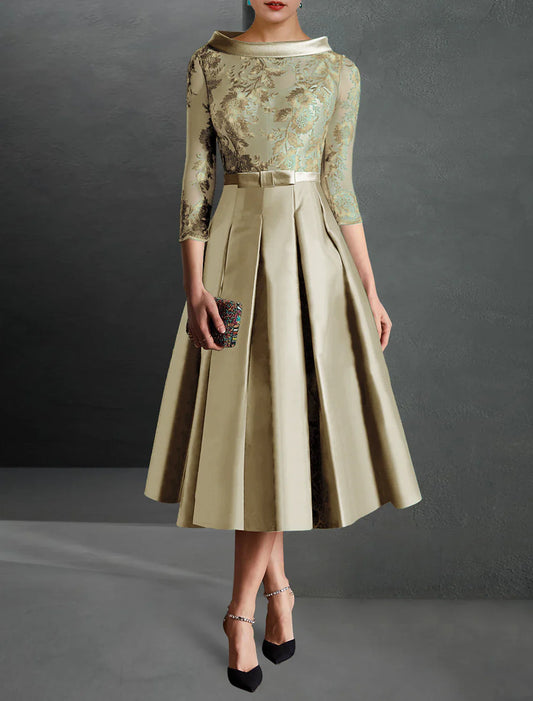 A-Line Cocktail Dress Christmas Red Green Dresses Formal Kentucky Derby Tea Length 3/4 Length Sleeve Jewel Neck Fall Wedding Guest Satin with Pleats Appliques 2026
