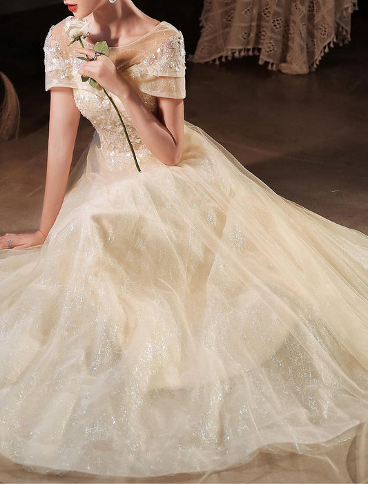 A-Line Beautiful Back Elegant Prom Formal Evening Dress Jewel Neck Short Sleeve Floor Length Lace with Beading Appliques 2025