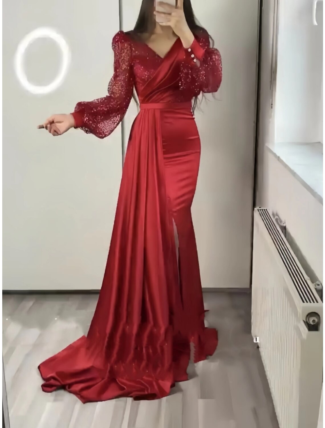 A-Line Evening Gown Sparkle & Shine Dress Formal Fall Court Train Long Sleeve V Neck Satin with Glitter Pleats