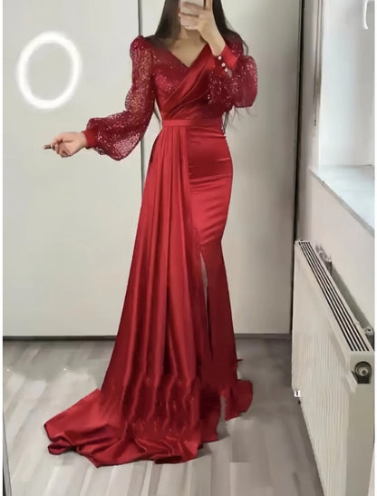 A-Line Evening Gown Sparkle & Shine Dress Formal Fall Court Train Long Sleeve V Neck Satin with Glitter Pleats