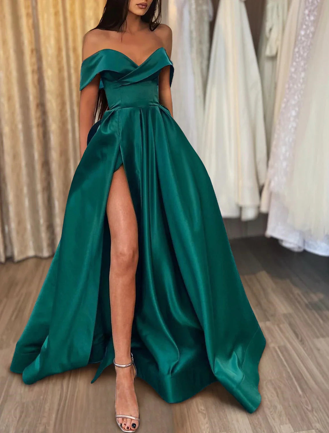 A-Line Evening Gown Party Dress Princess Dress Formal Wedding Court Train Sleeveless Off Shoulder Satin with Slit