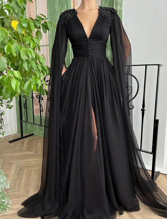 A-Line Evening Gown Black Dress Plus Size Formal Masquerade Court Train Long Sleeve V Neck Wednesday Addams Family Chiffon with Buttons Slit Appliques 2026
