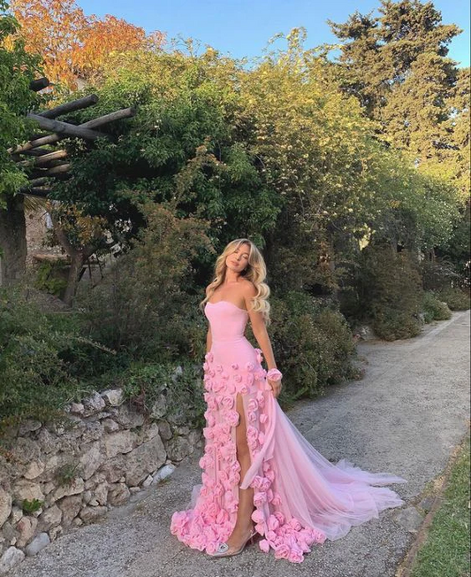 3D Flowers Prom Dress Strapless Split A-Line Dubai Arabia Women Prom Gown Prom Special Occasion Dresses Vestidos