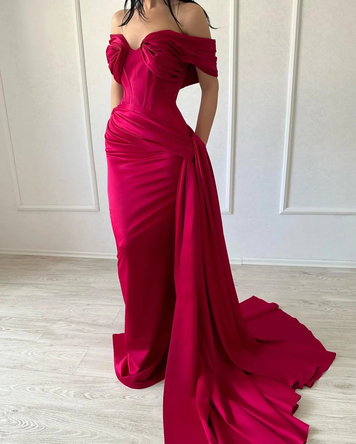 Elegant long fish tail off shoulder sleeveless V-neck satin purple red evening dress