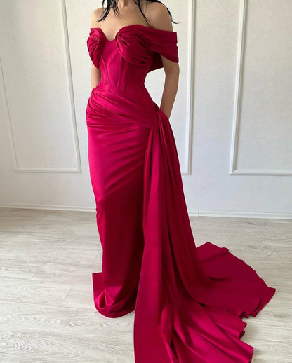 Elegant long fish tail off shoulder sleeveless V-neck satin purple red evening dress