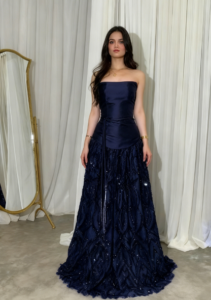 Elegant Straps Sheath Midnight Blue Long Prom Dresses Satin Midnight Blue Prom Gown