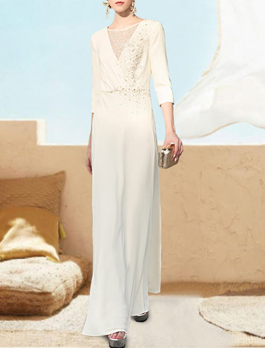 A-Line Evening Gown Elegant Dress Formal Wedding Guest Floor Length 3/4 Length Sleeve V Neck Chiffon with Appliques Pure Color 2026