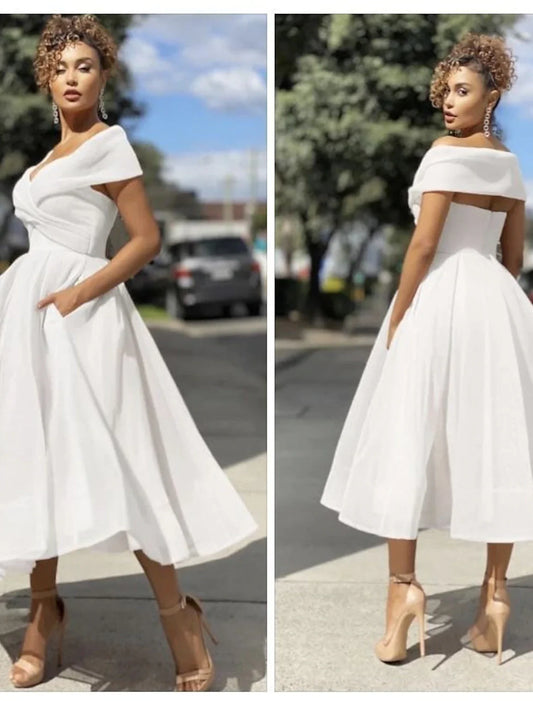 A-Line Cocktail Dresses Vintage Dress Wedding Guest Christmas Red Green Dress Tea Length Sleeveless Off Shoulder Tulle with Pleats 2026