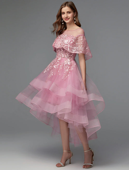 A-Line Elegant Dress Holiday Wedding Guest Asymmetrical Sleeveless Illusion Neck Lace Tie Back with Lace Insert 2026